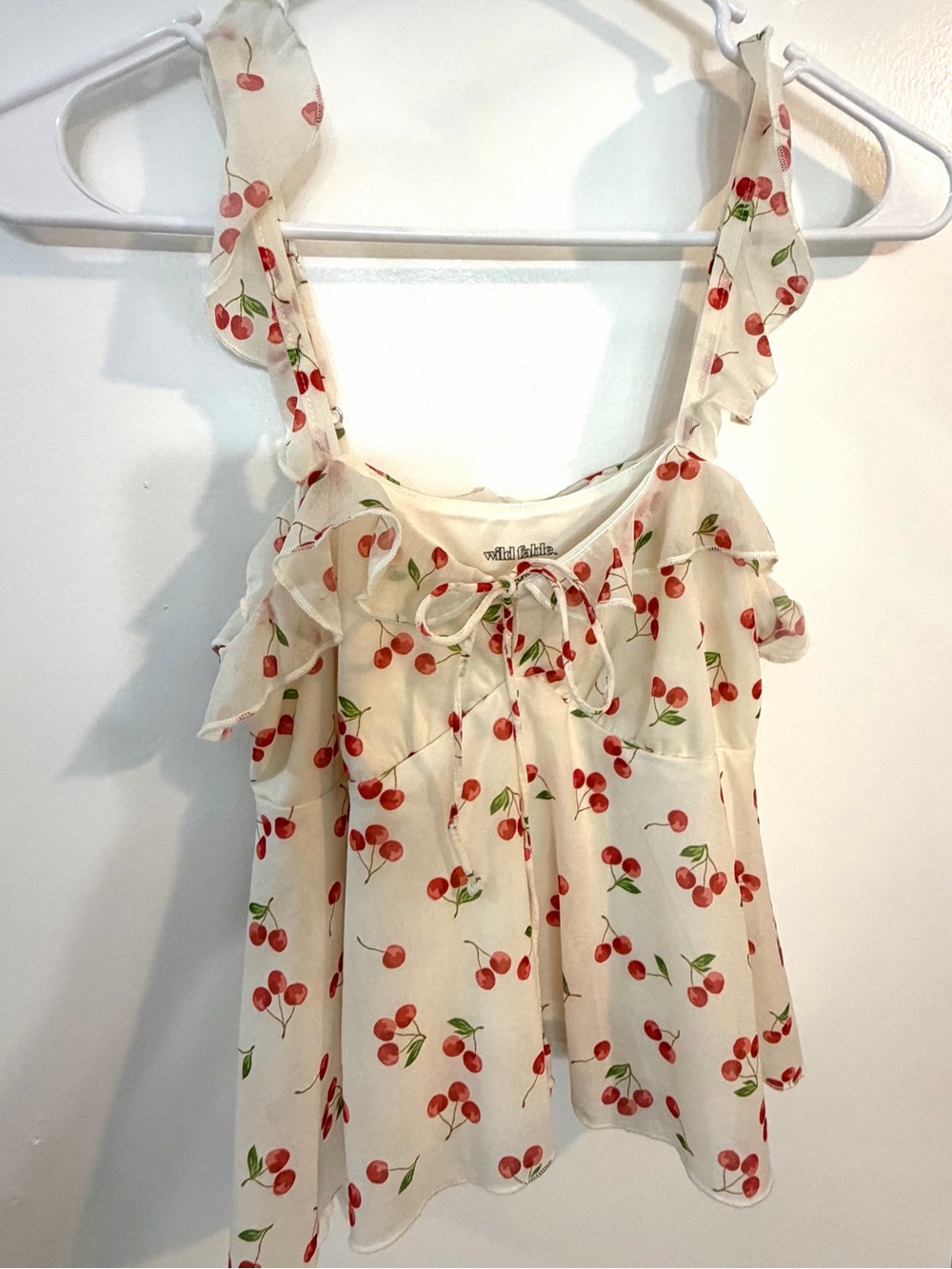 Wild Fable Cherry Print Tie Front Top White Red Cottagecore Babydoll Tank - Picture 2 of 5